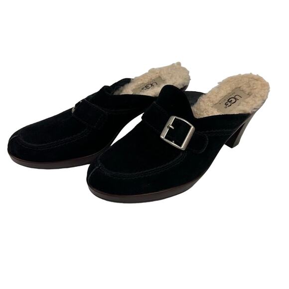 UGG Black Suede Shearling Slip On Heeled Mules - Picture 8 of 9